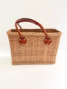 Vintage 50s Ricardo Basket Bag Woven Rattan Leather Handle Cottagecore Market